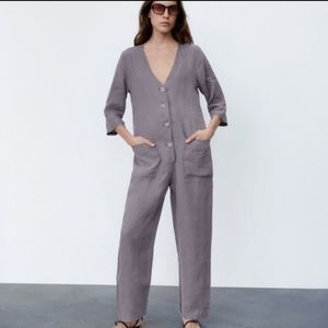 Zara Womens. Gray 100% Linen Button Front Boho Utility Lillian Jumpsuit. Small.